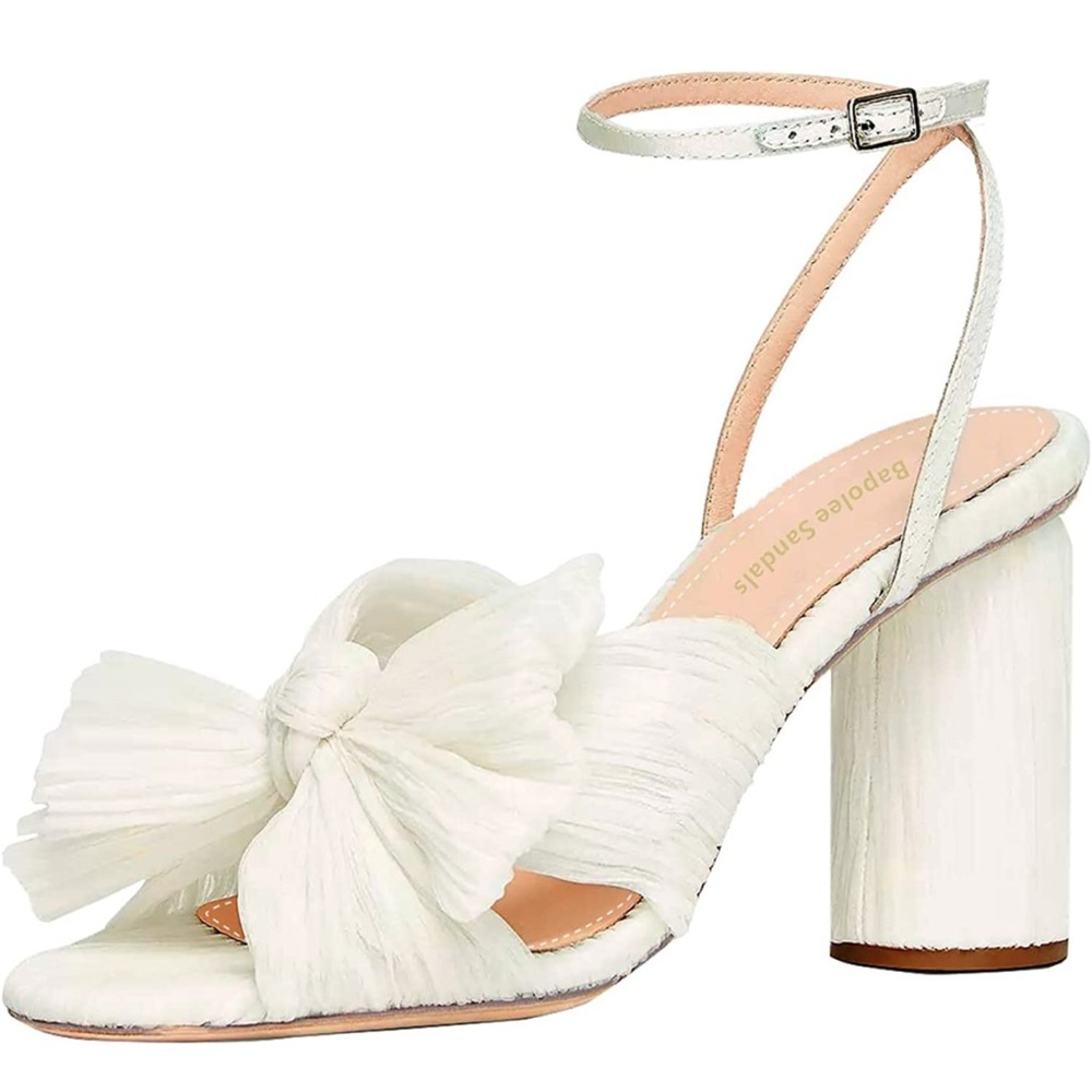 Women's Bow Heels Wedding Shoes Chunky Heel-  Pleated
